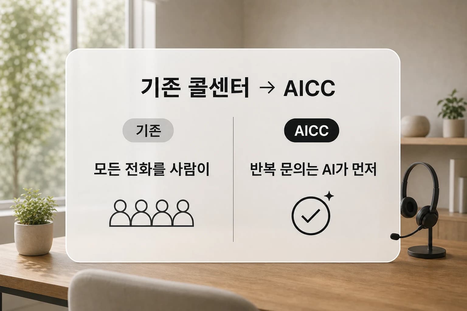 기존 콜센터는 모든 전화를 사람이 받고, AICC는 반복 문의를 AI가 먼저 처리하는 차이를 대비한 장면