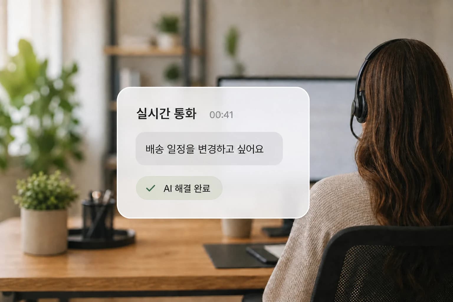 헤드셋을 쓴 상담원 옆으로 실시간 통화 요약 UI 카드가 떠 있는 장면